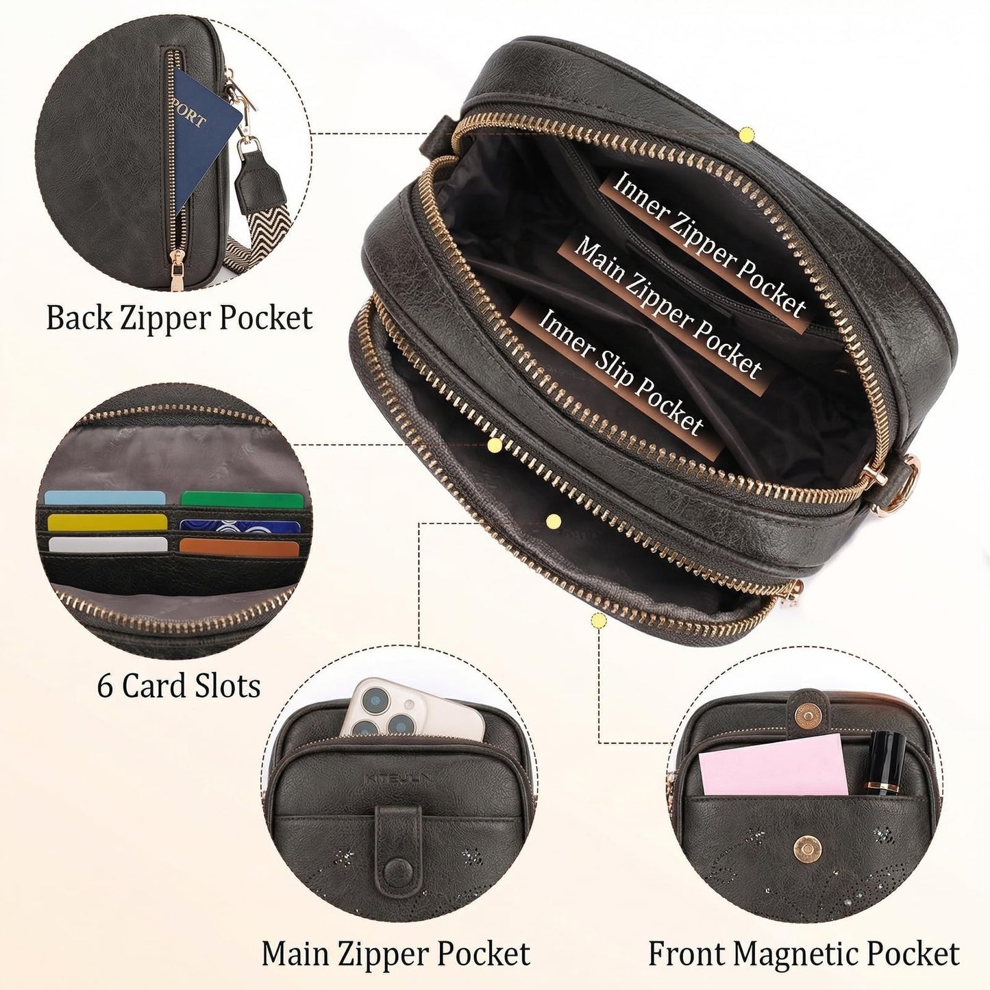 Leather Crossbody Bag for Women - Small Shoulder Purse with Adjustable Strap & R4