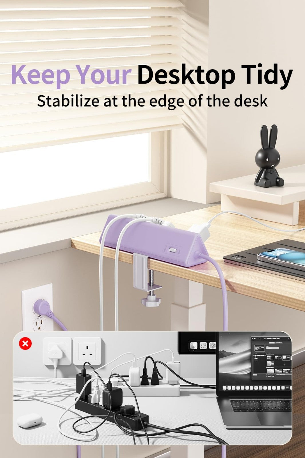 6.5FT Desk Clamp Power Strip   5 AC Outlets, 6 USB Ports, PD 40W Fast Charge5