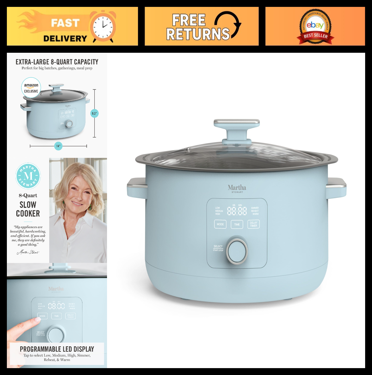 Programmable 8 QT Slow Cooker with Timer, 3 Heat Settings, Nonstick Ceramic Croc0