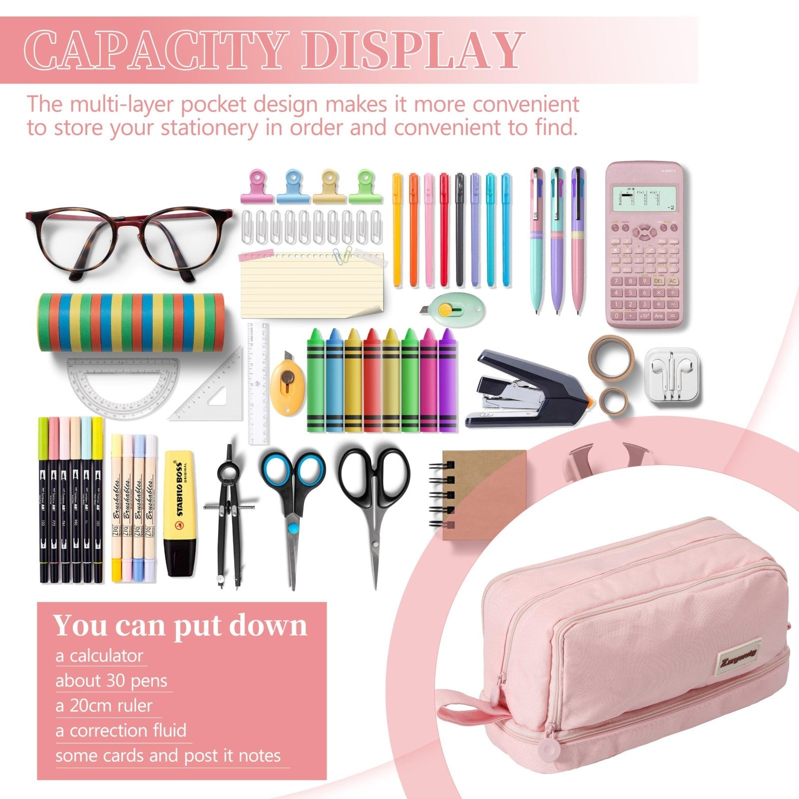 Large Capacity Pink Pencil Case with 4 Compartments, Zippered Pouch & Handle for3