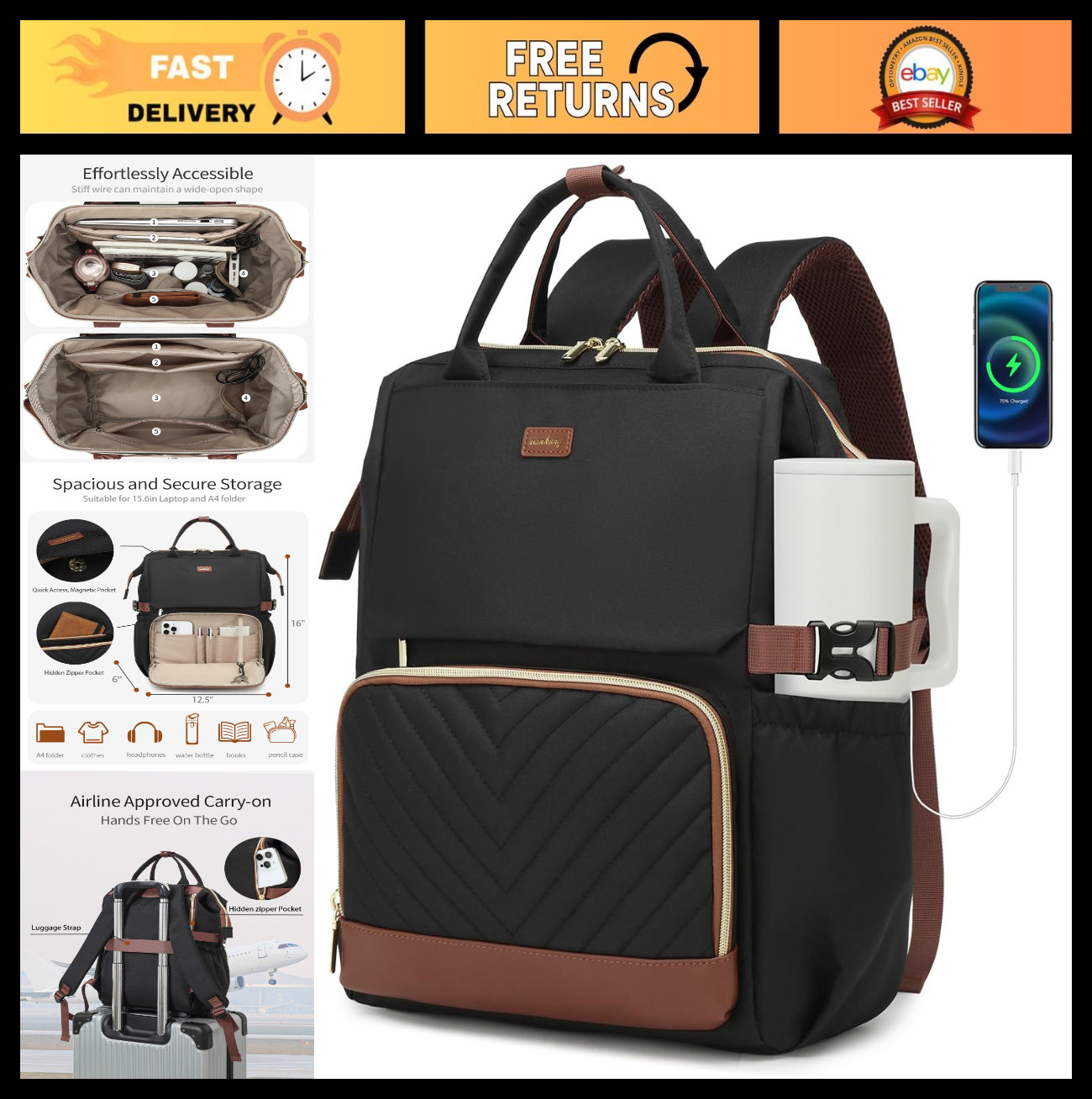 Stylish Work Backpack for Women, Laptop Bookbag with USB Charger & Cup Holder, I0