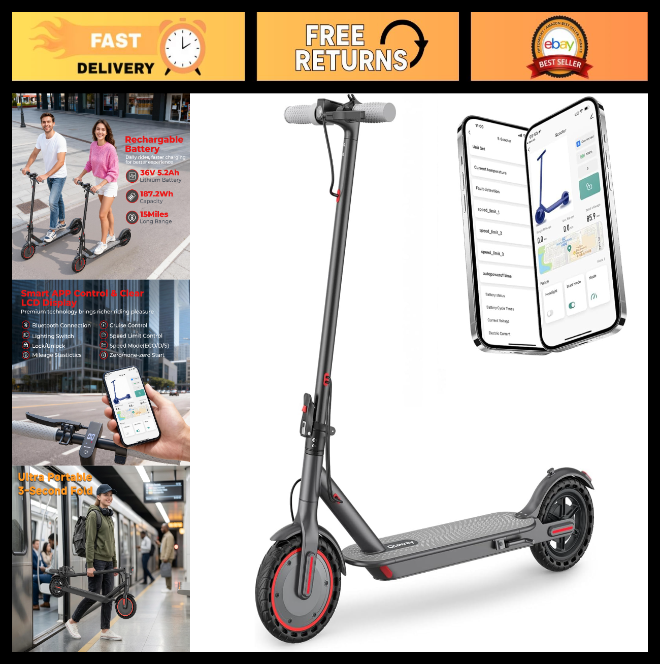 Electric Scooter 8.5''/10'' - 19/20MPH, 700/1000W Motor, 15/22 Mile Range, Porta0
