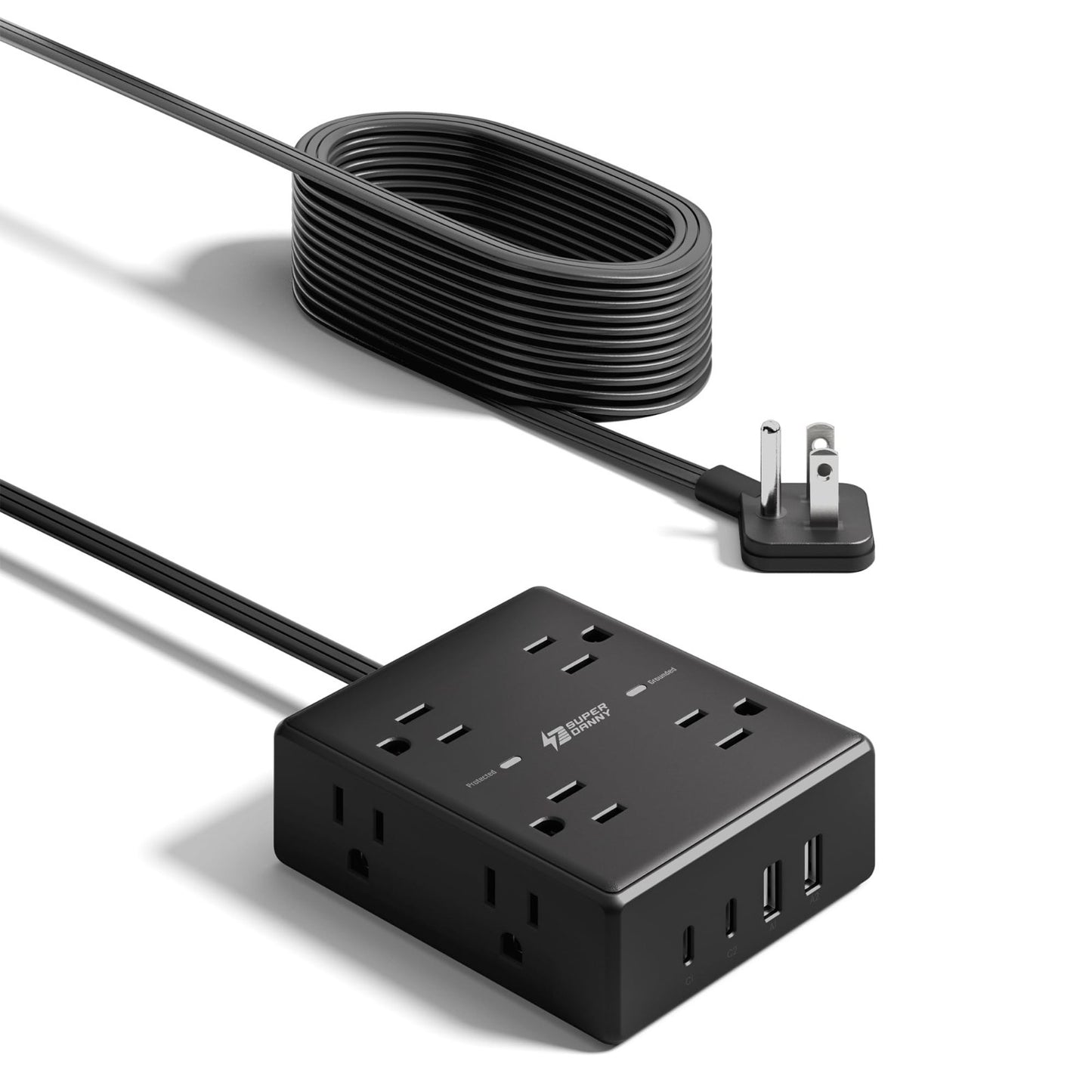 15Ft Flat Plug Extension Cord with Surge Protector Power Strip   Heavy Duty, 6 O8