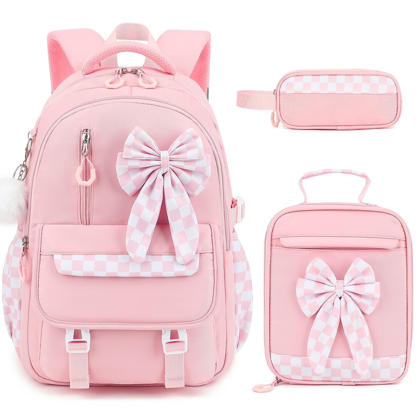Girls Bow Backpack Set   3PCS with Lunch Bag & Pencil Case, Stylish School Bag1
