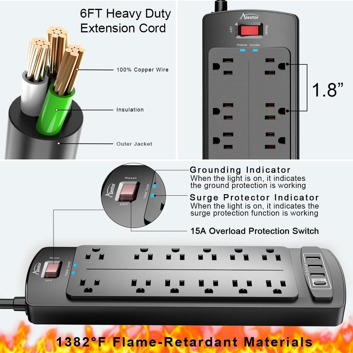 Surge Protector Power Strip with 12 Outlets, 4 USB Ports & 6ft Cord, 2700 Joules4