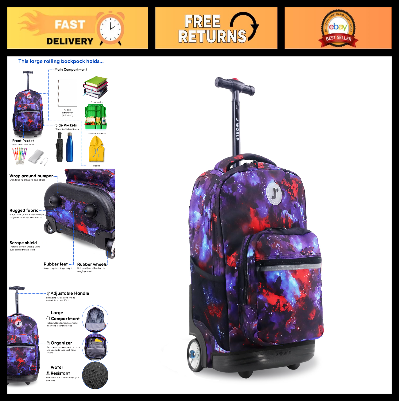 Kids Rolling Backpack with Wheels, School Roller Bookbag for Girls & Boys, 18"x10