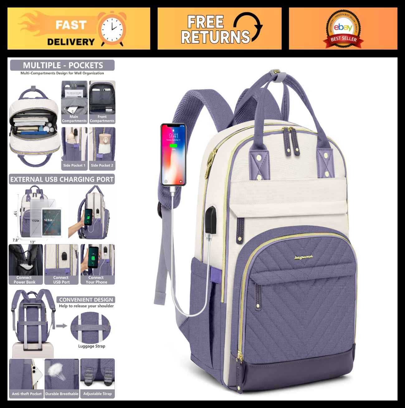 Stylish 17.3" Laptop Backpack for Women   Travel Work Bag with USB Charger0