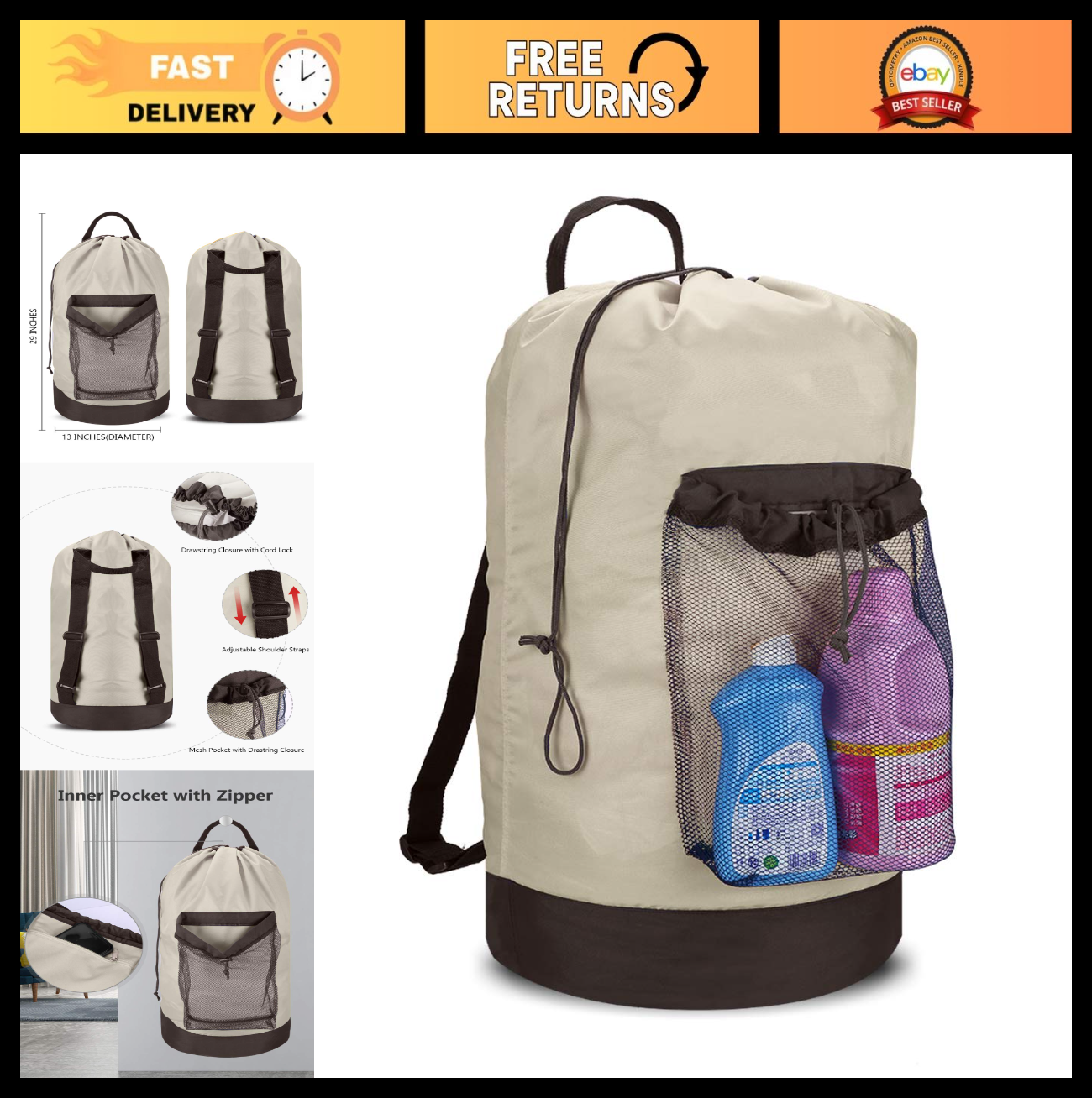 Large 115L Backpack Laundry Bag with Shoulder Straps, Drawstring & Mesh Pocket0