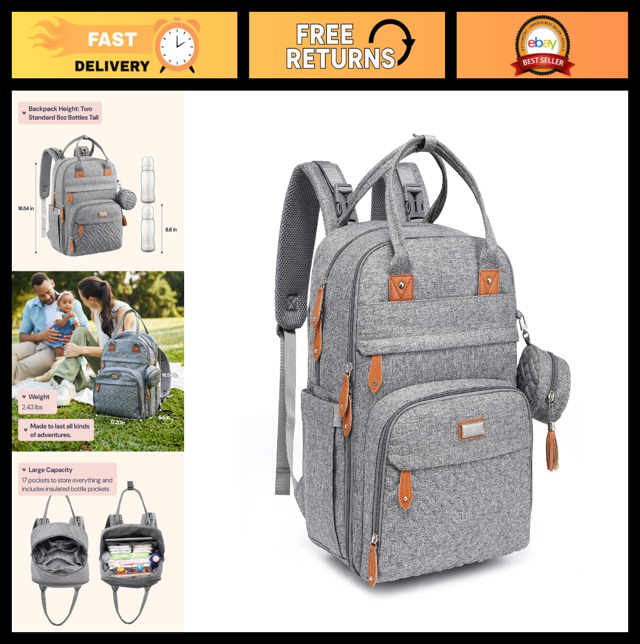 Multi Function Water Resistant Diaper Bag Backpack   Baby Travel Tote, Changing0