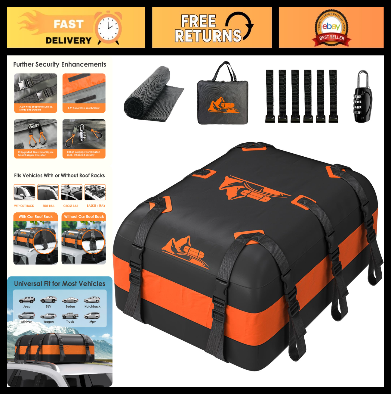 Rooftop Cargo Carrier Bag 15-20 Cu Ft Waterproof Storage for Cars - Orange0