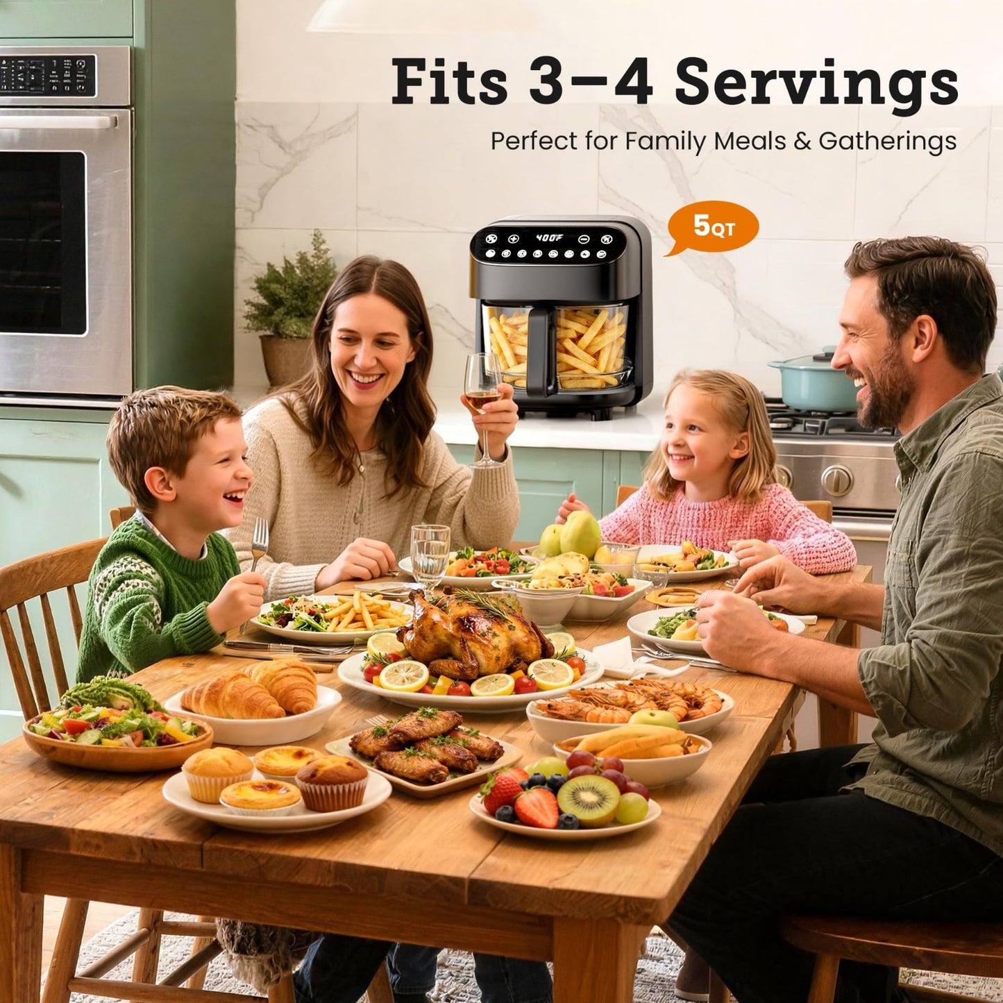 5QT Glass Air Fryer - BPA-Free, Digital Touch Control, 1500W, Dishwasher Safe, 94