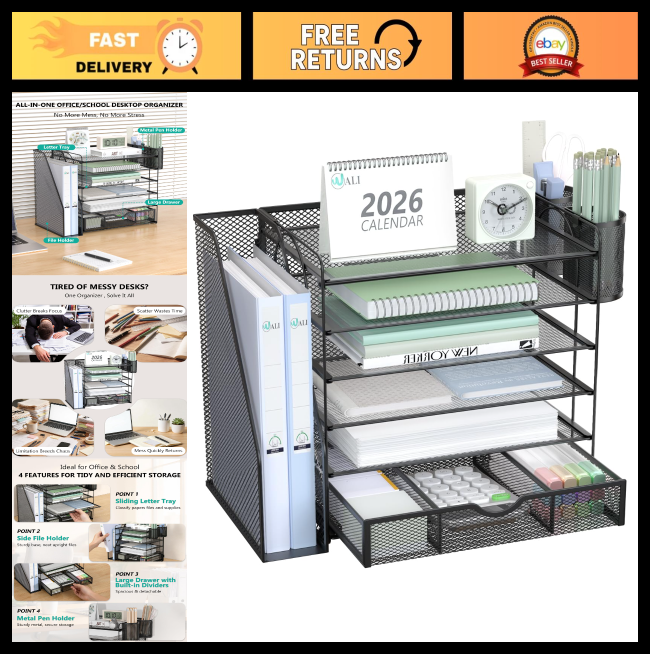 6 Tier Desktop File Organizer with Drawer & Pen Holders   Office Desk Accessorie0