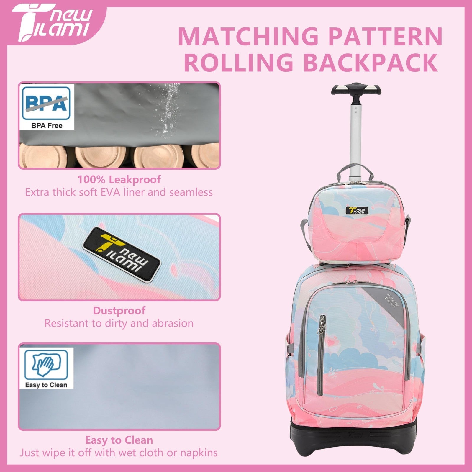 18" Rolling Backpack with Lunch Bag for Kids, School Travel, Girls & Boys6