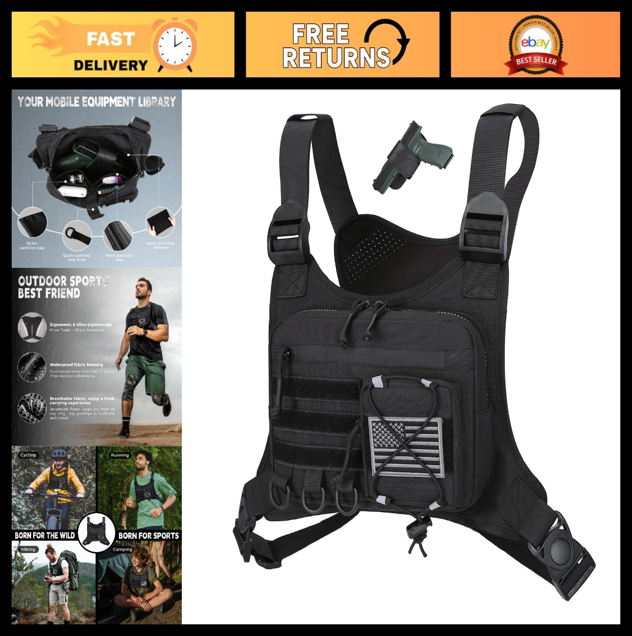 Men's Outdoor Chest Bag - EDC Travel Vest Holster for Running & Hiking, Fits Mos0