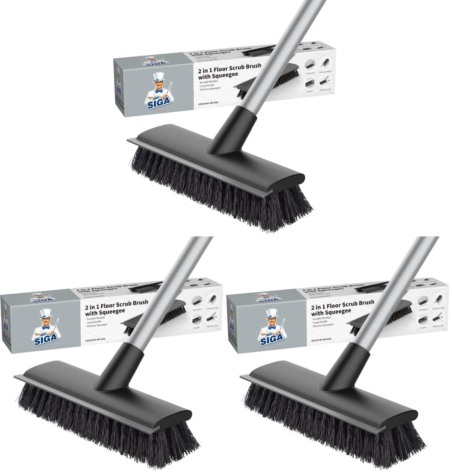 2-in-1 Floor Scrub Brush & Squeegee, Long Handle, Stiff Bristles, 3-Pack for Bat1