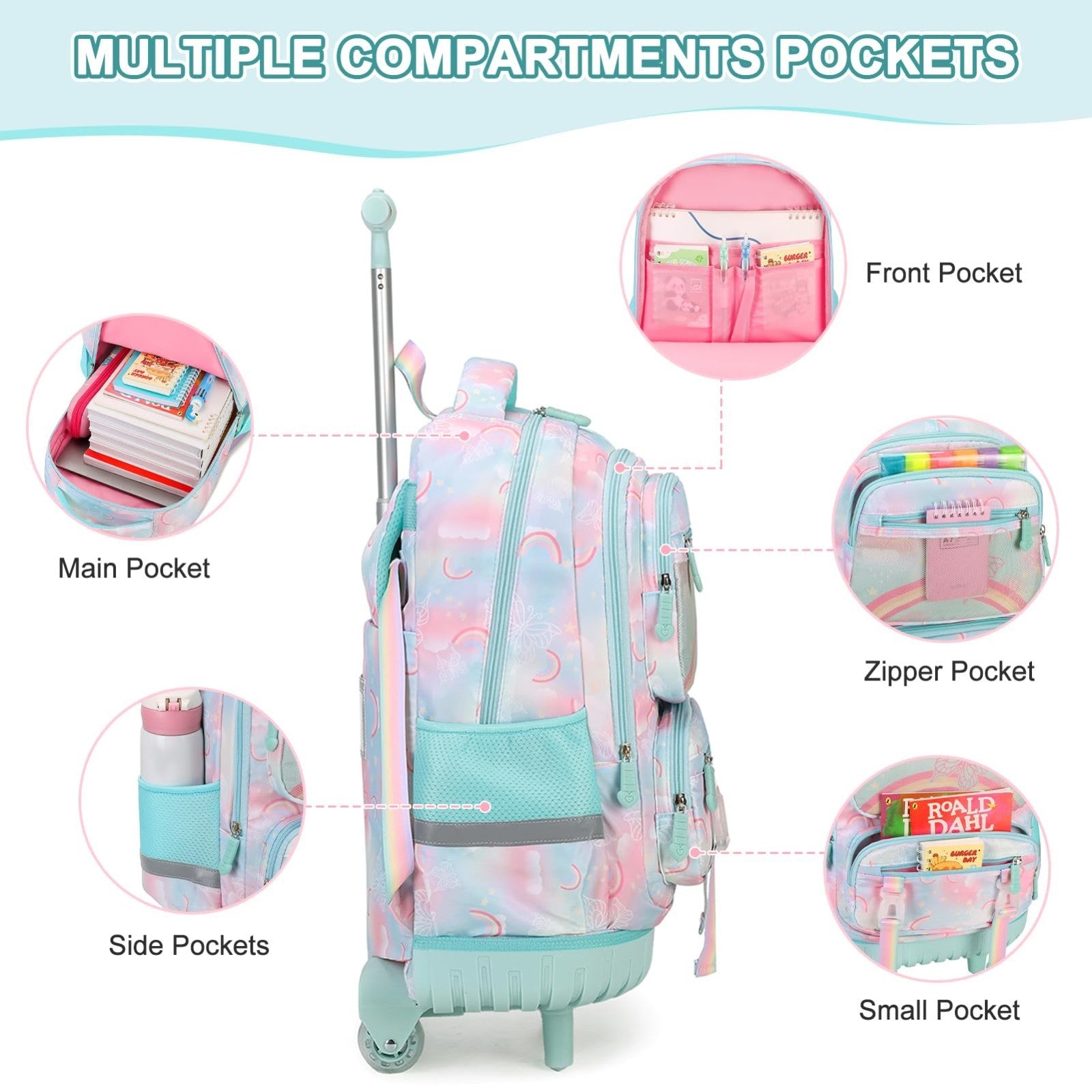 Rainbow Butterfly Rolling Backpack Set for Girls   3PCS with Lunch Box (Green)3