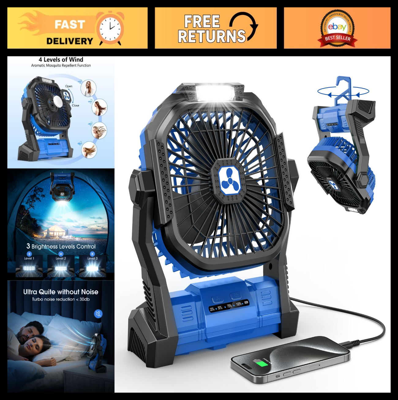 Rechargeable Portable Fan with LED Lantern   20000mAh Battery, Cordless for Trav0