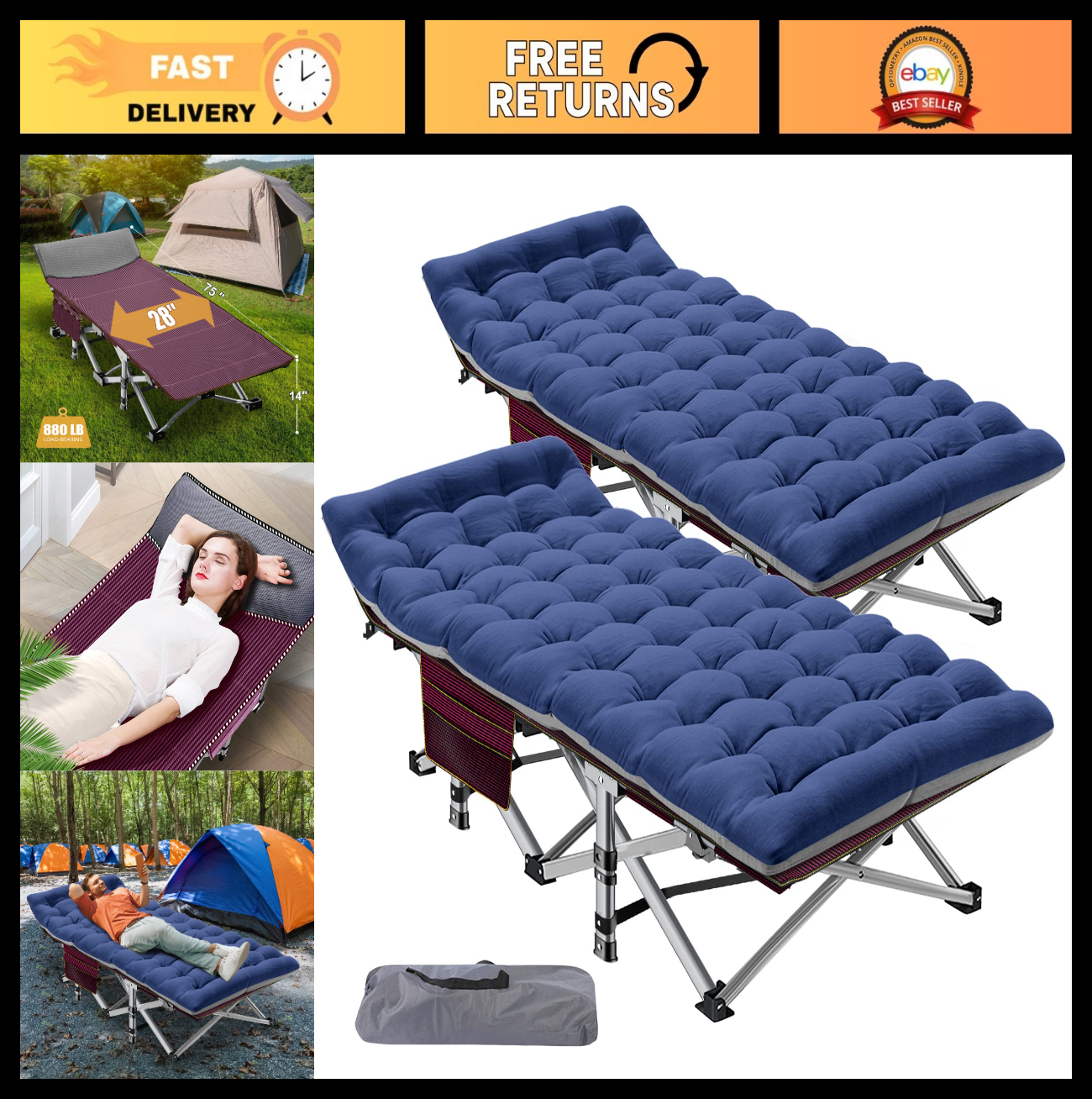 Folding Camping Cot for Adults   28" Wide Heavy Duty Bed with Mattress, 800 lbs0