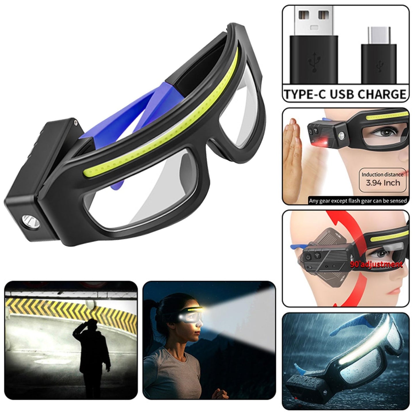Adjustable Motion Sensor Headlamp Glasses   Rechargeable Safety Light for Campin5