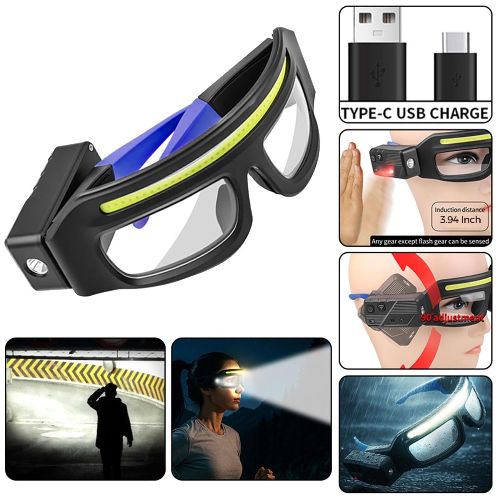 Adjustable Motion Sensor Headlamp Glasses   Rechargeable Safety Light for Campin5
