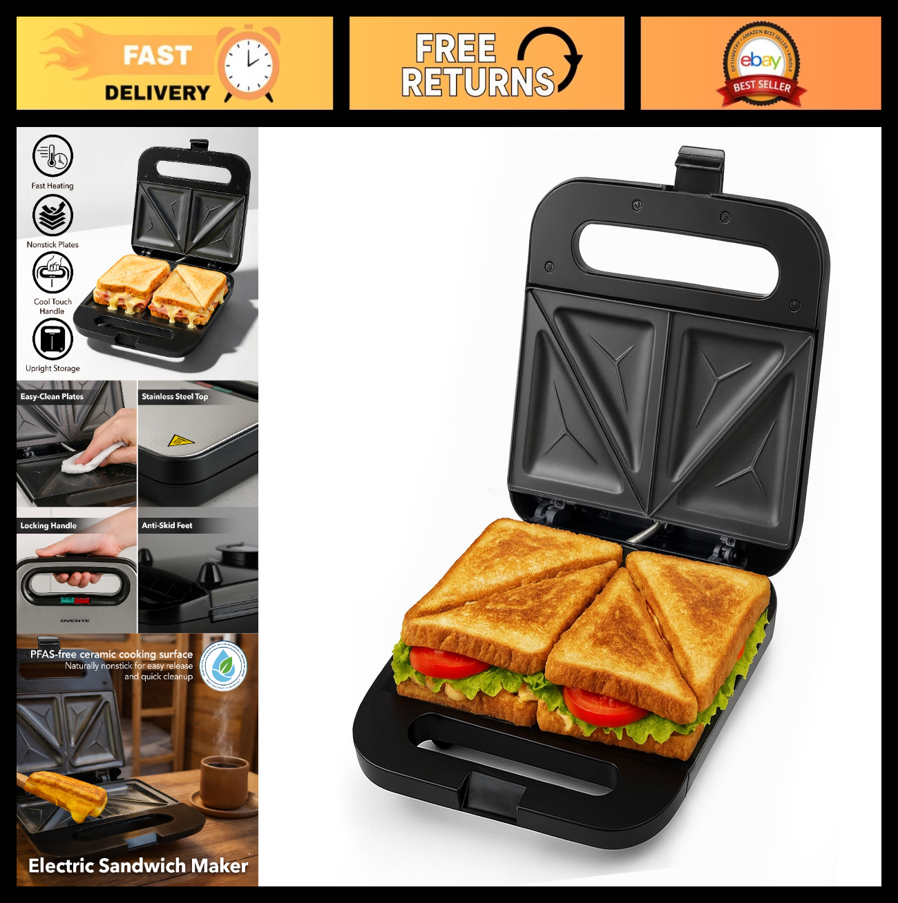 Electric Sandwich Maker - Non-Stick Plates, Cool Touch Handle, Easy Clean, Ideal0