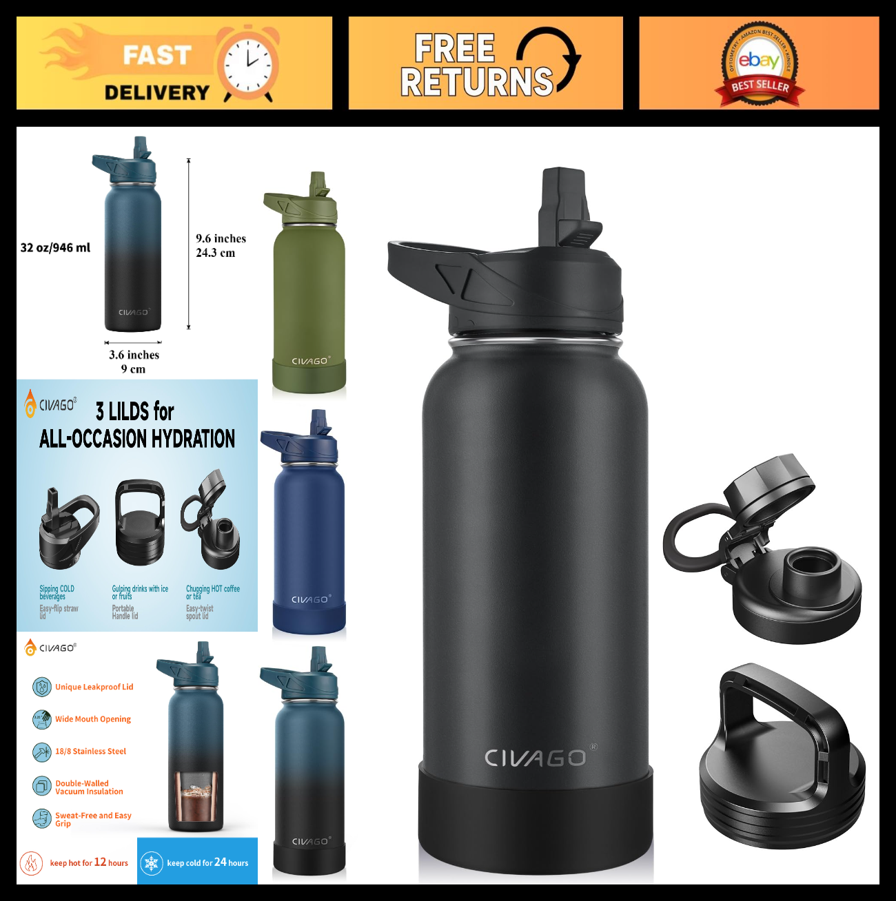 32 oz Insulated Stainless Steel Water Bottle with Straw & 3 Lids   Travel Mug, B0