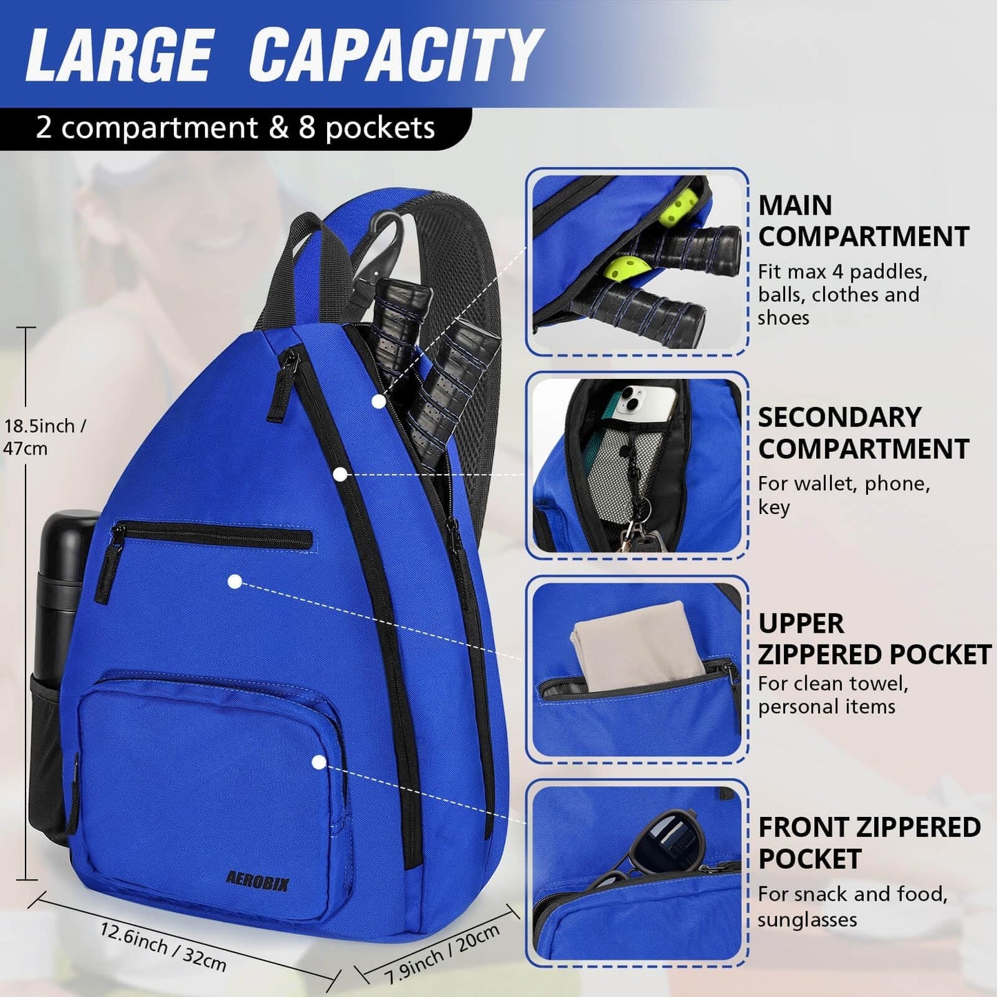 Large Capacity Pickleball Backpack - Padded Paddle Pocket, Adjustable Sling Bag8