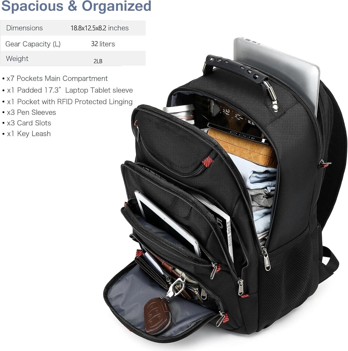 17.3" Waterproof Laptop Backpack with USB Port, Anti Theft Travel Bag for Work &4
