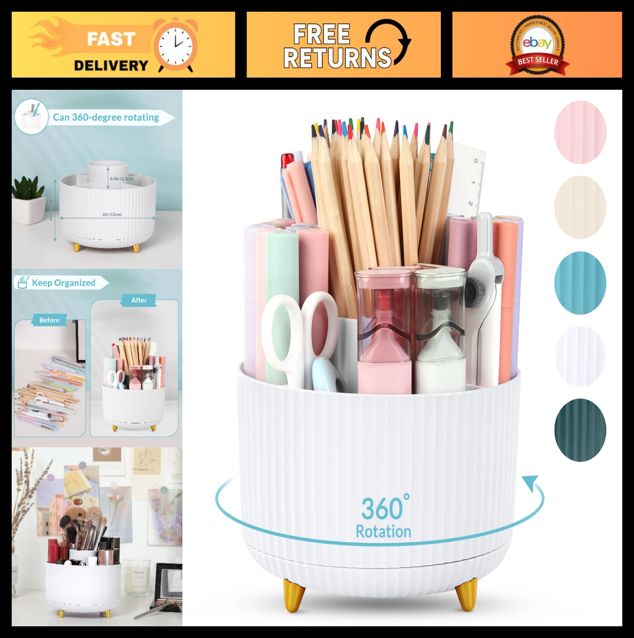 360° Rotating Pen & Pencil Holder   Dual Purpose Desk Organizer with 5 Slots, Wh0