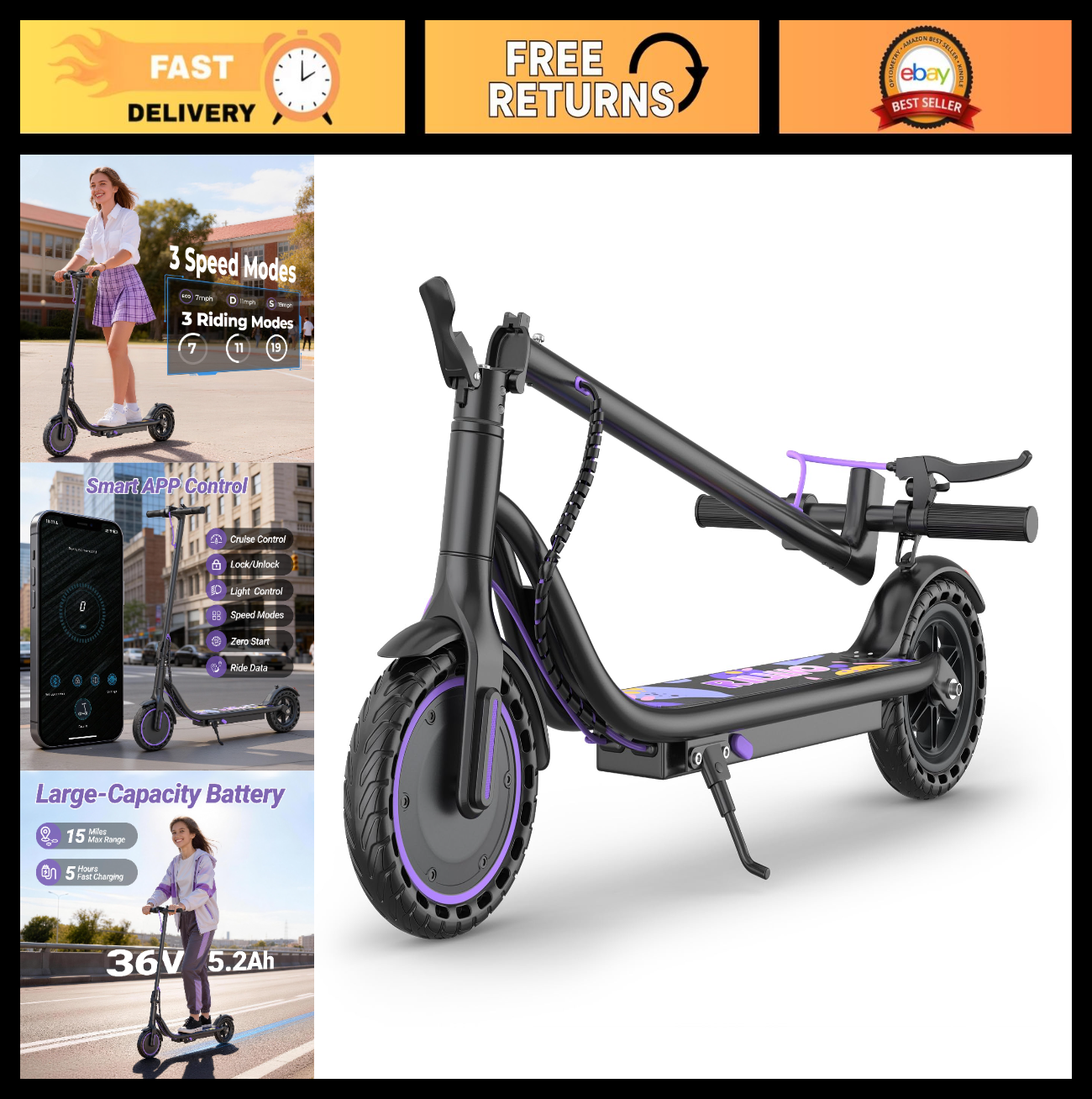 Powerful Electric Scooter 350W-500W, 9-22 MPH, 10-41 Mile Range, Foldable, Dual0