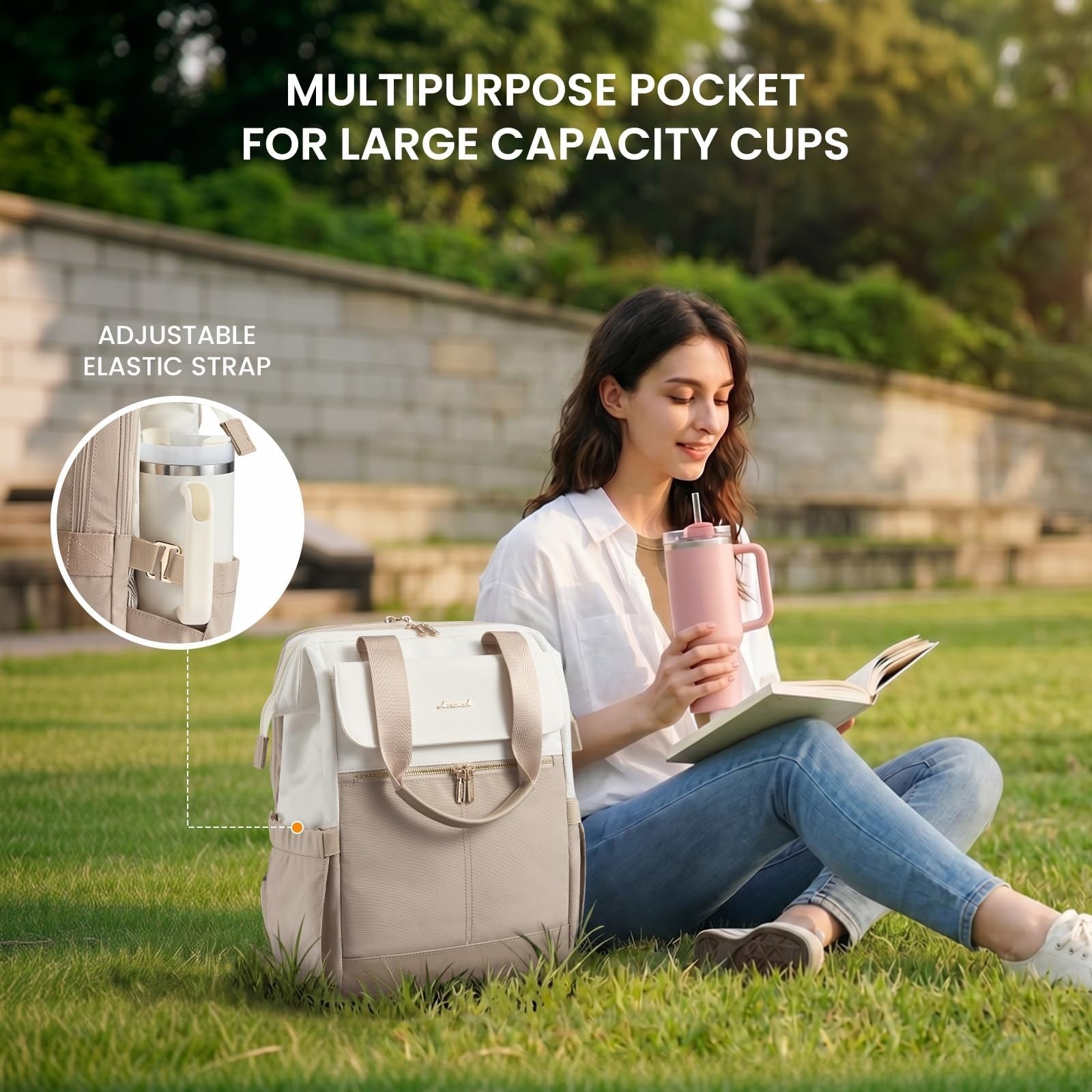Stylish 15.6" Laptop Backpack for Women, USB Port, Waterproof, Tumbler Holder, B2