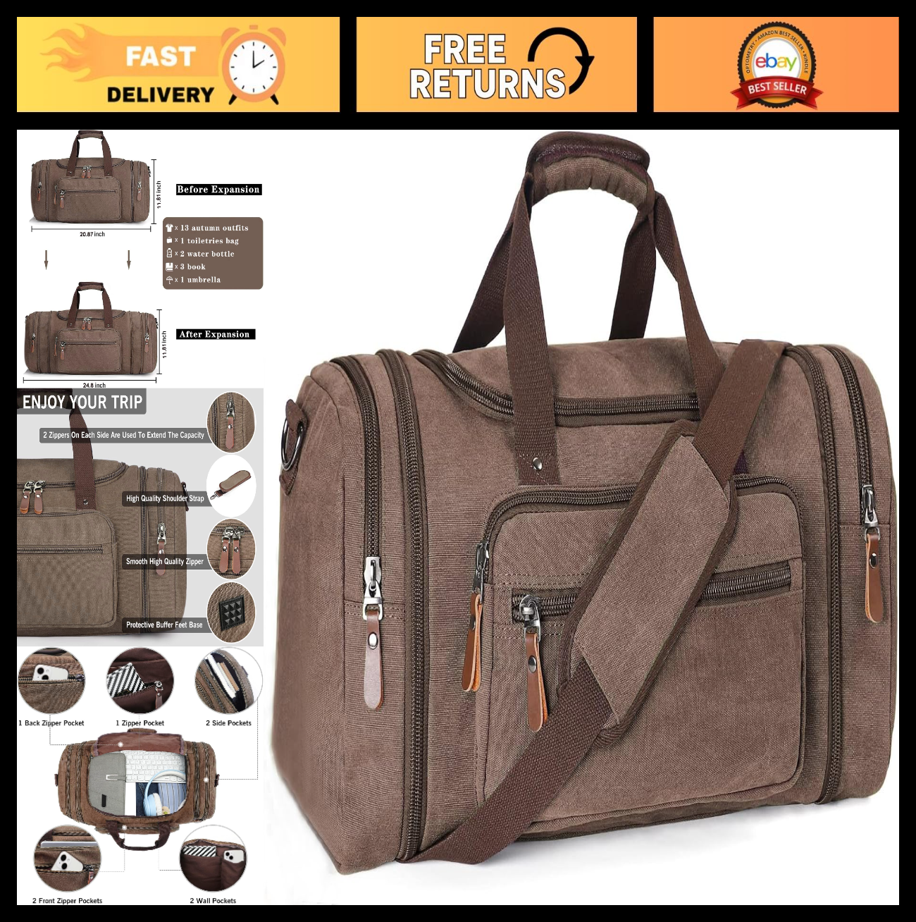 Large Canvas Duffle Bag - Outdoor Shoulder Travel Tote, Overnight Weekender Lugg0