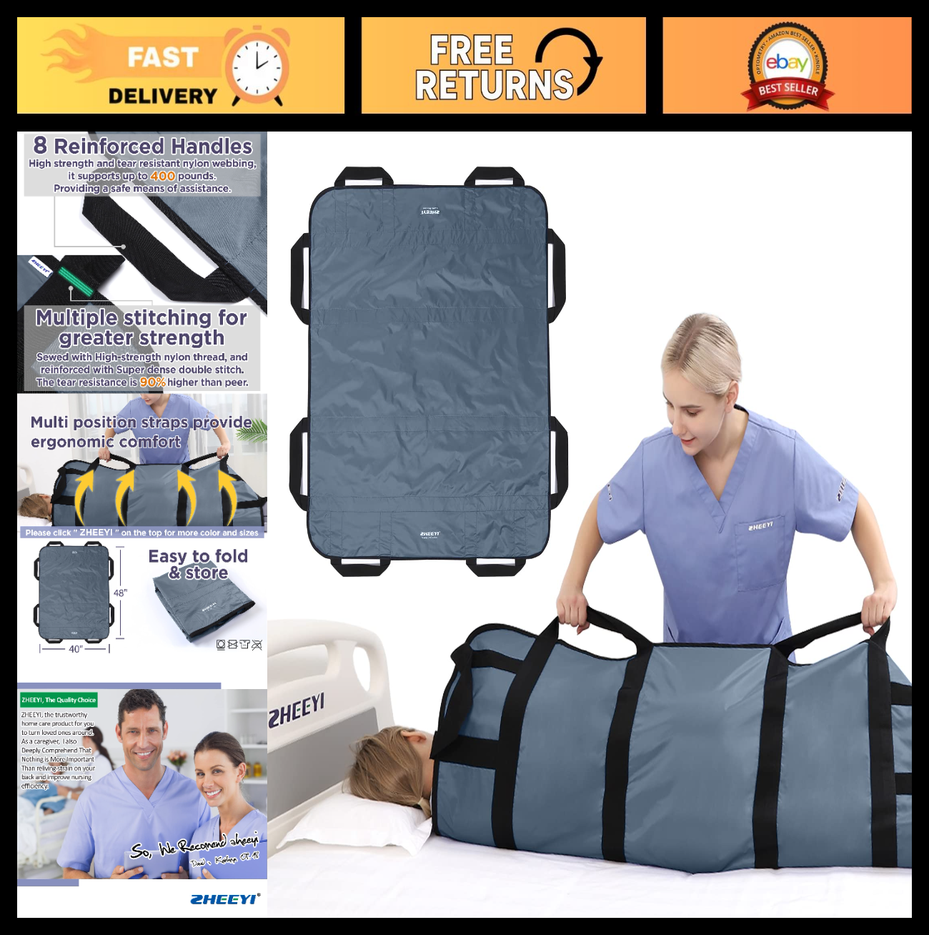 Multipurpose 48"x40" Bed Pad with Handles   Washable Patient Sheet for Lifting &0