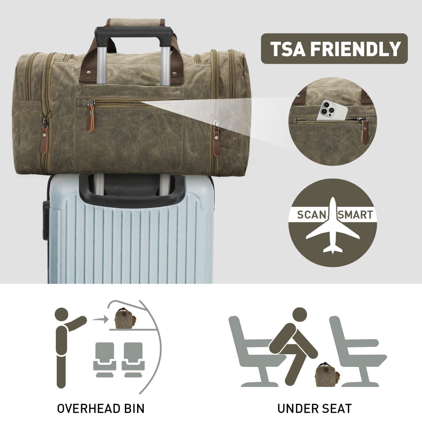 50L Waxed Canvas Duffle Bag   Waterproof Weekender Overnight Travel Tote6