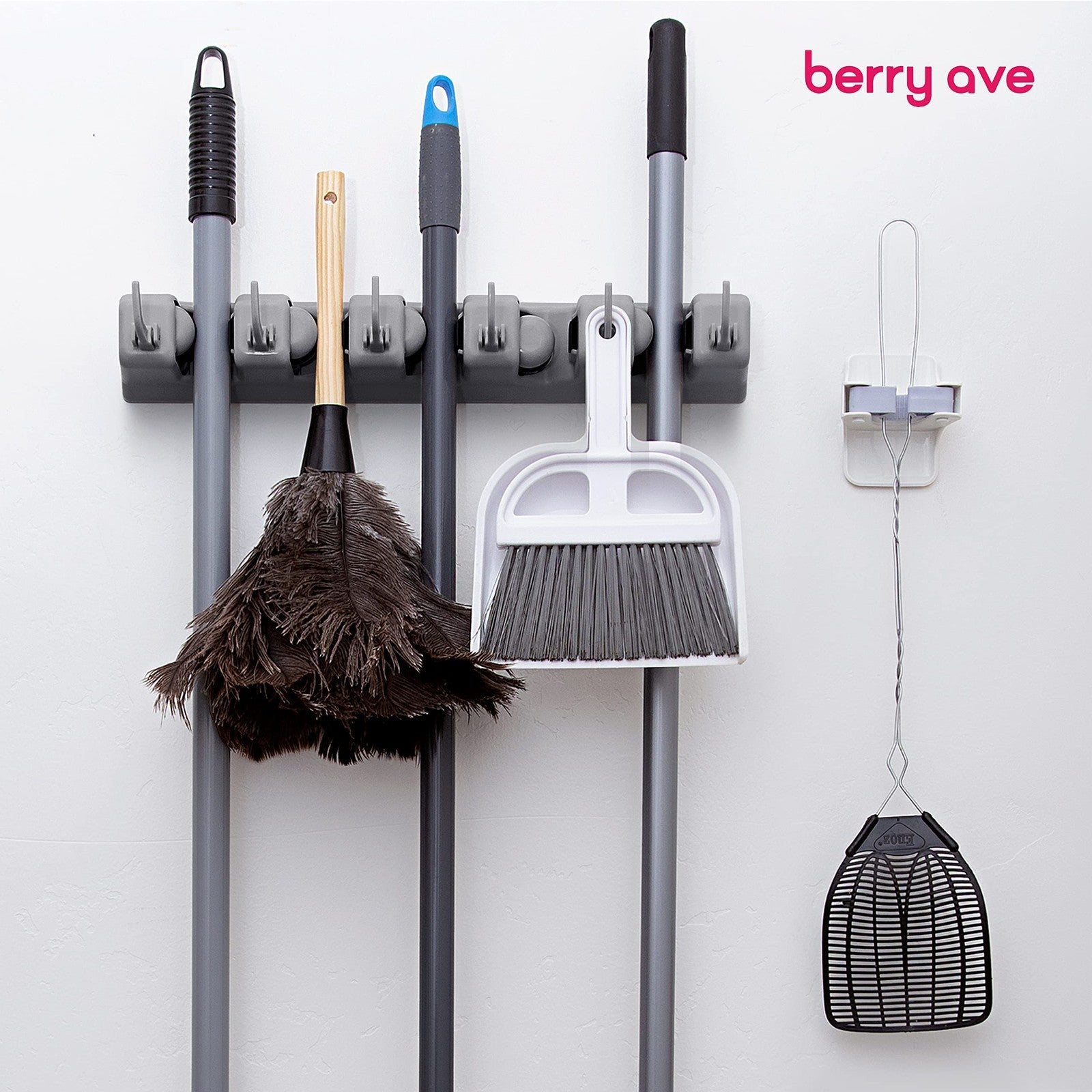 5 Slot Broom Holder & Mop Gripper - Wall Mount Tool Organizer, No-Drill, Anti-Sl2