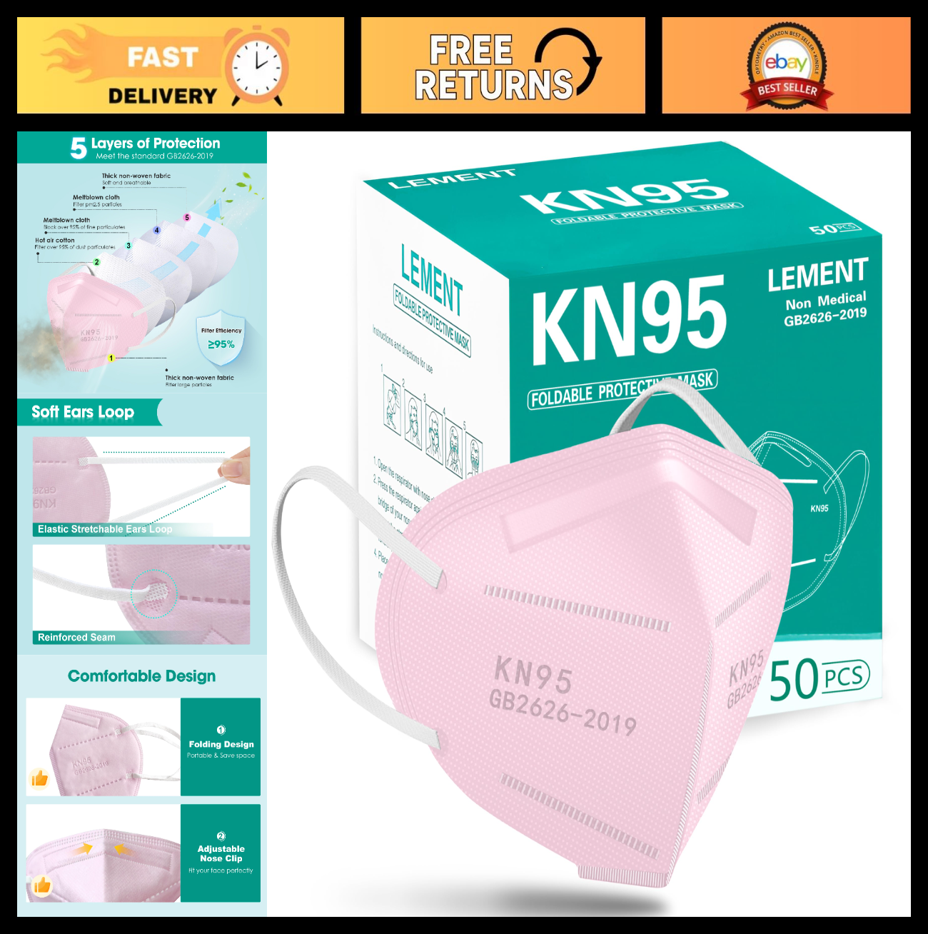 50 Pack KN95 Face Masks, 5 Ply Disposable Dust Masks for Adults, Breathable Pink0