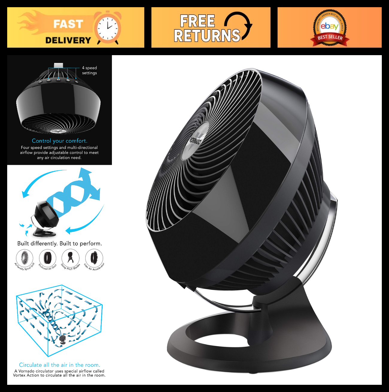 Large Air Circulator Fan, 4 Speed Adjustable Tilt, Quiet Cooling for Home & Offi0