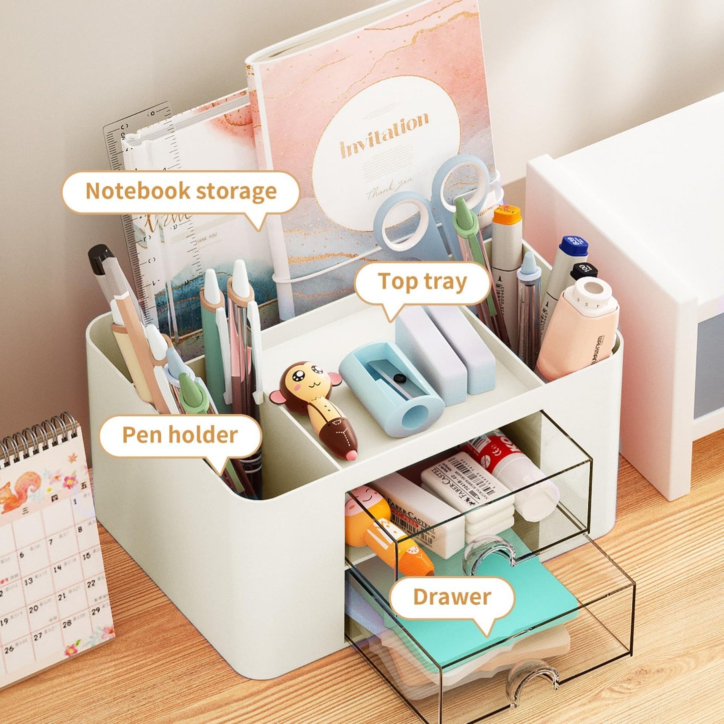 Multi Functional Desk Organizer with 2 Drawers, 5 Compartments for Office Suppli3