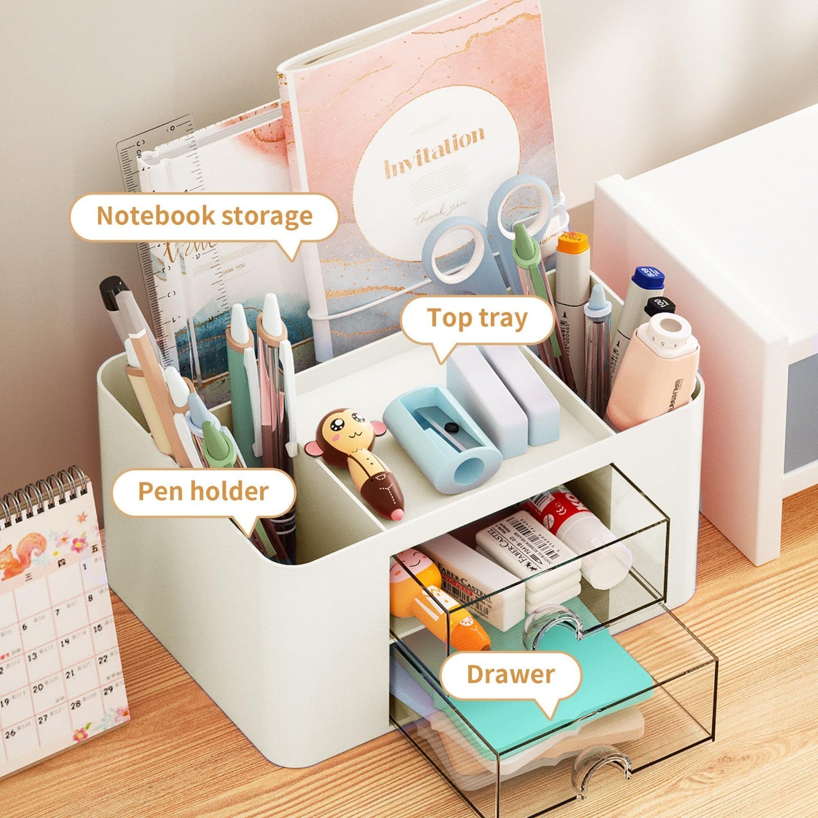 Multi Functional Desk Organizer with 2 Drawers, 5 Compartments for Office Suppli3