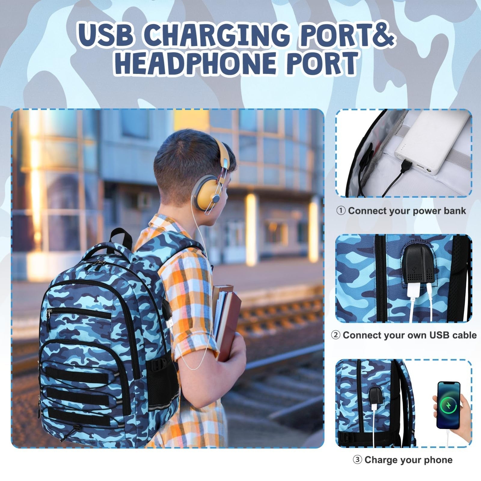 Tactical Camo Backpack for Boys   School Bag Set with Lunch Bag & USB Port3