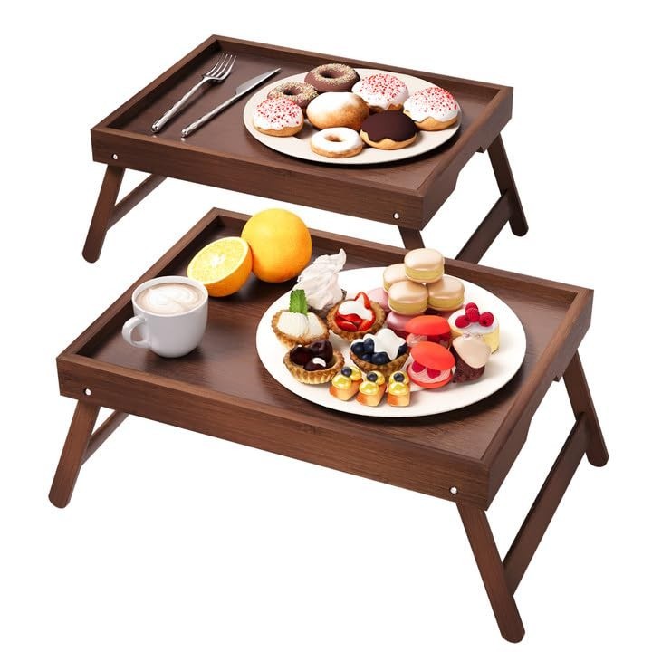 2 Pack Bamboo Folding Bed Tray Tables - Versatile Breakfast & Laptop Trays0