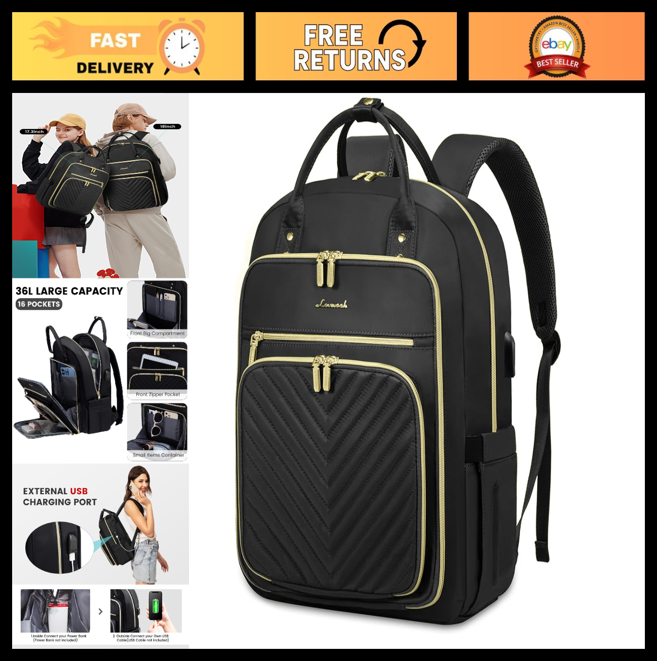 Stylish Water Resistant Laptop Backpack for Women, USB Charging, Travel Work Bag0