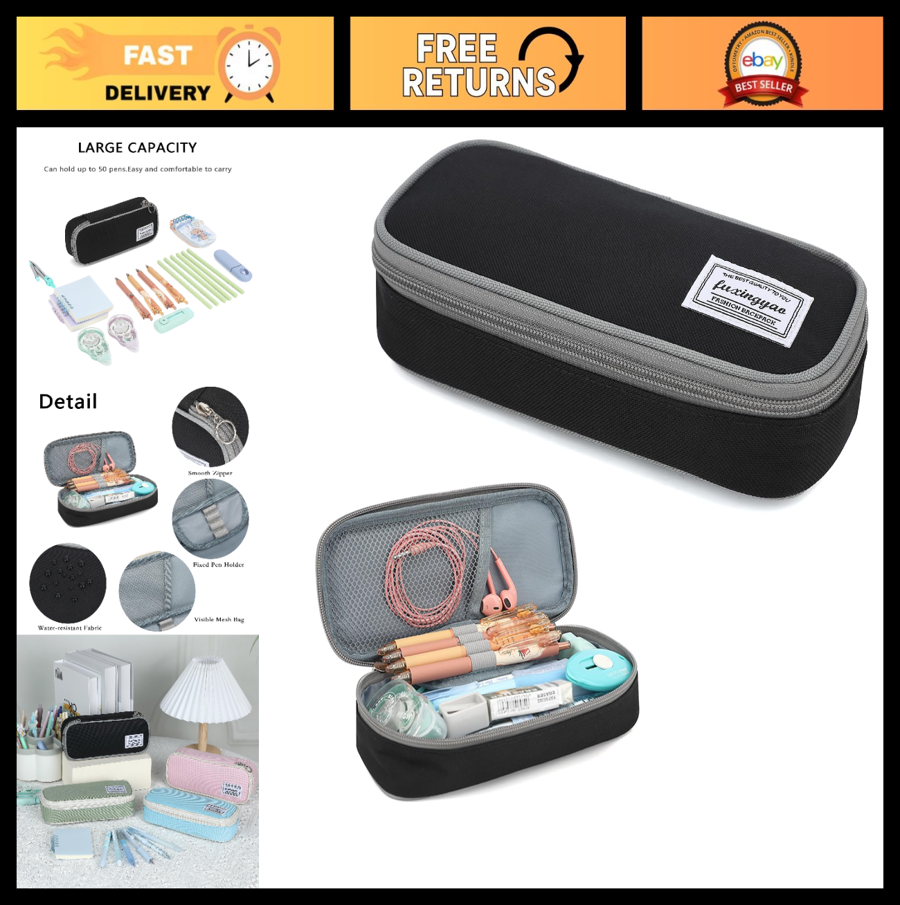 Multi Compartment Pencil Case, Portable Pouch for School & Office, Black/Gray0