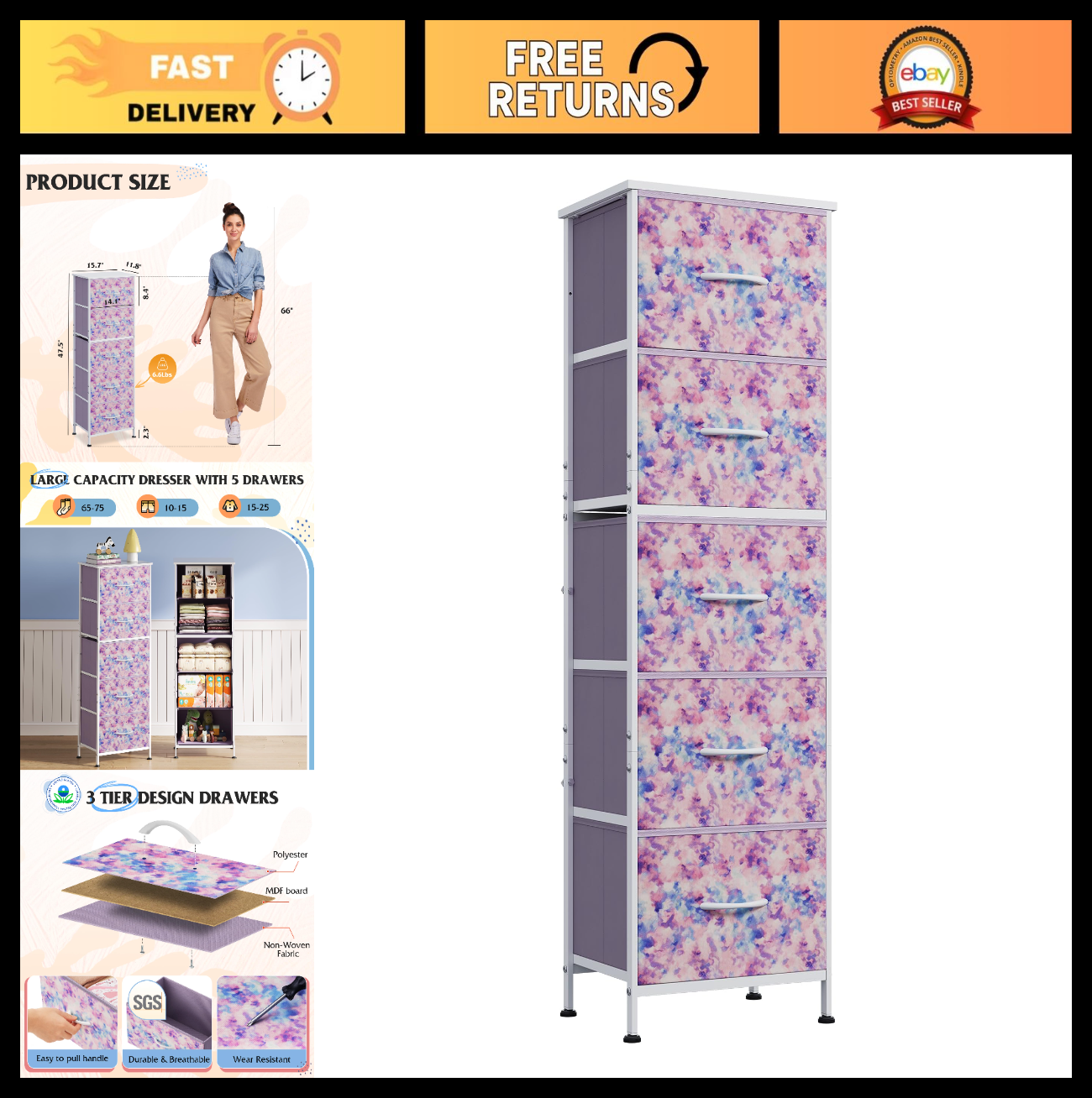 Tall Dresser for Bedroom - 5 Drawer Vertical Fabric Chest, Tie-Dye Design, Space0