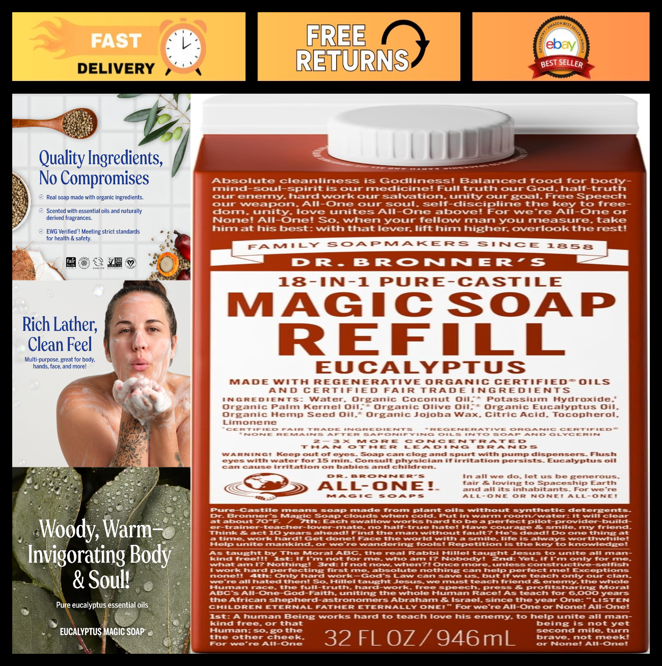 Pure Castile Liquid Soap Refill - Eucalyptus, 32oz - Organic, Vegan, Multi-Use f0