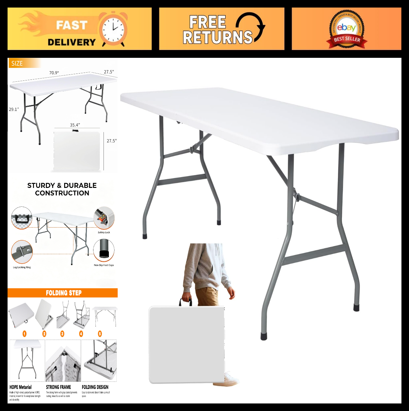 6ft Folding Table with Handle - Heavy Duty Portable for Indoor/Outdoor Events, B0