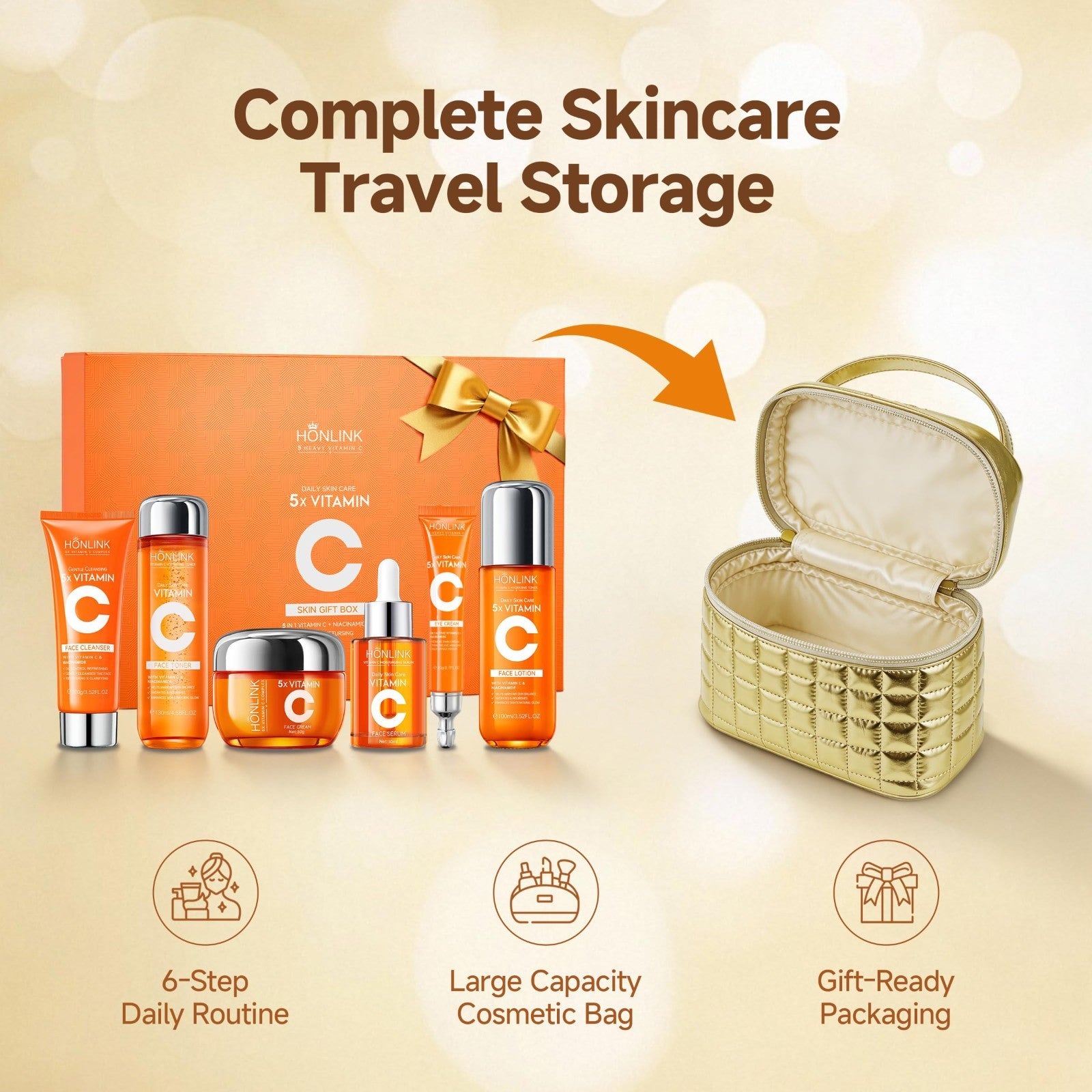 Vitamin C Skincare Gift Set Bundle with Gold Cosmetic Bag   Perfect for Her2