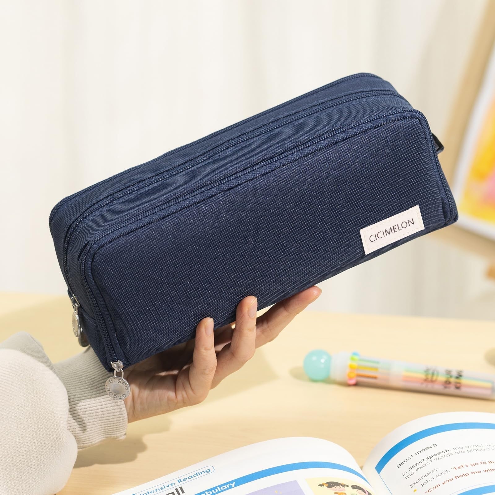 Large Capacity 3 Compartment Pencil Case Pouch Bag for School & Office   Navy2