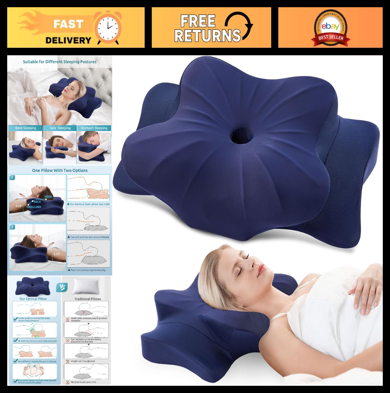 Cervical Memory Foam Pillow for Neck & Shoulder Pain Relief, Cooling Ergonomic S0