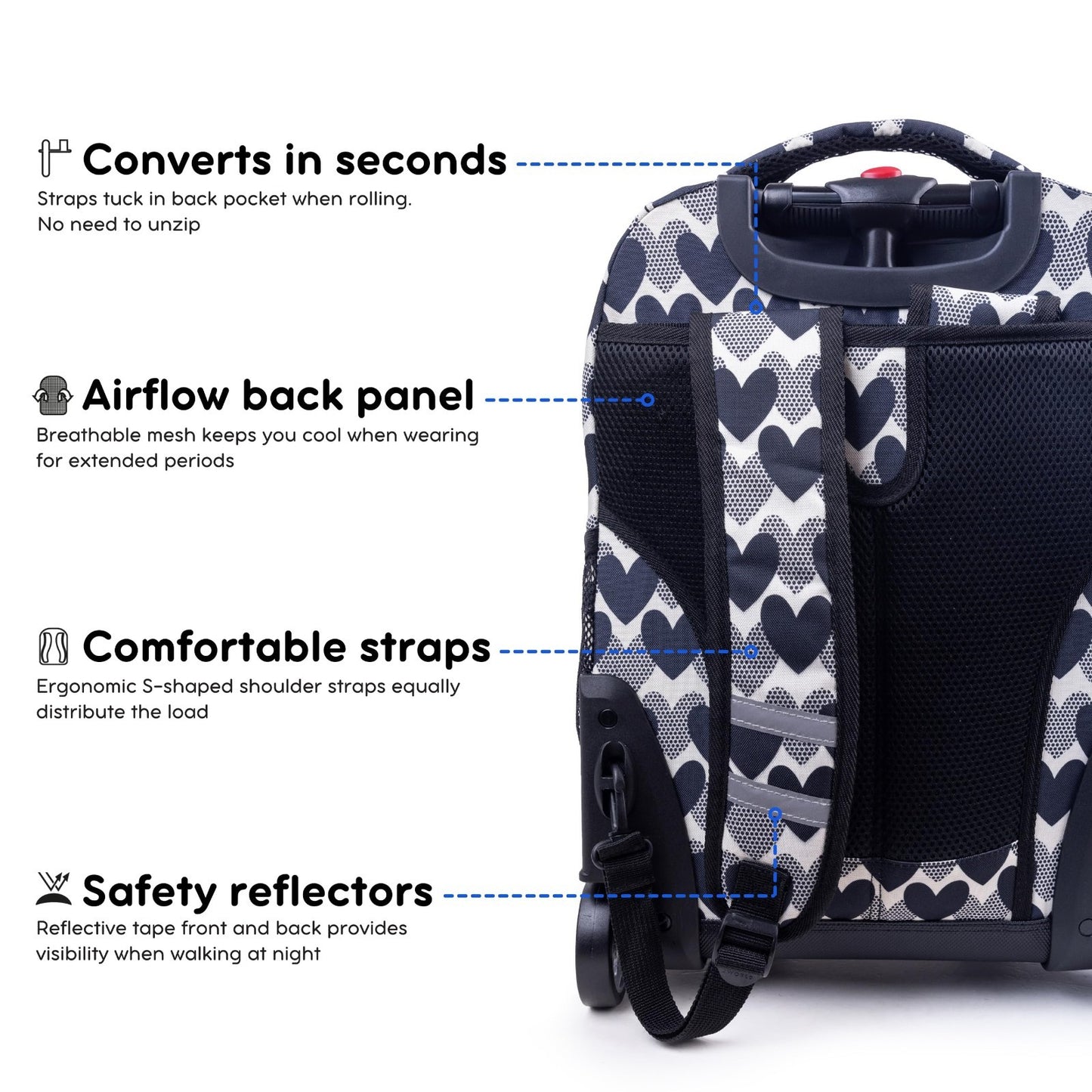 Rolling Backpack with Wheels, Heart Dot Design, Lightweight Travel Bag, School B6